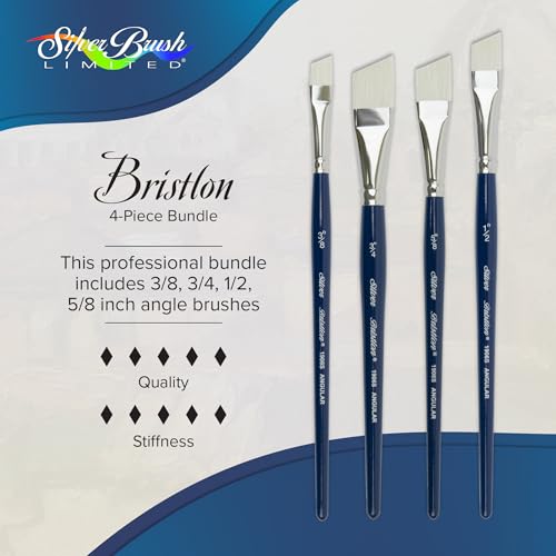 Silver Brush Limited Bristlon Short Handle Angles Oil Paintbrush Set, 4pc | Sizes 3/8, 3/4, 1/2, 5/8 Inch, Stiff Fine Point Synthetic Bristle, Lightly Textured Strokes, Floral and Botanical Designs - color: Short Handle Angles, size: 4 count