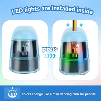 Battery-Operated Electric Pencil Sharpener with LED Light – Compact & Portable Pencil Sharpener for Home, School, or Office Use (Blue) - color: Blue