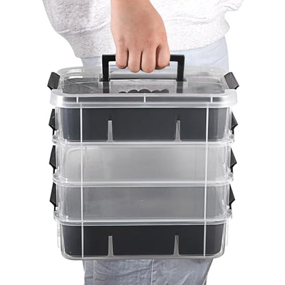 JUXYES 4-Tiers Plastic Stack Carry Storage Containers Box wih Handle Lids - color: Black