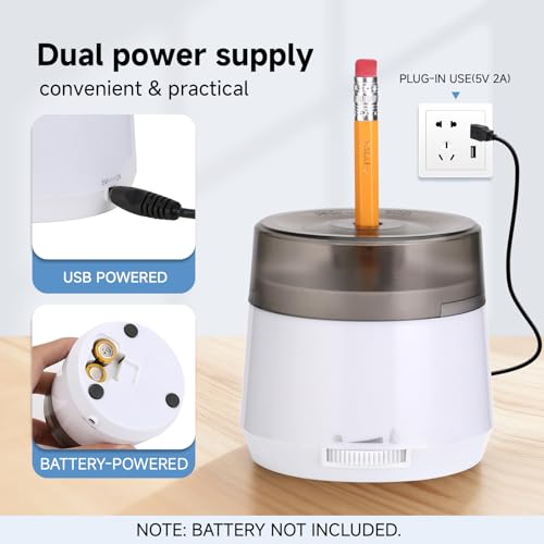 Electric Pencil Sharpener, Dual Power USB Battery Operated, Portable Design for 6-8mm Pencils, Home School Office Use (White) - color: White