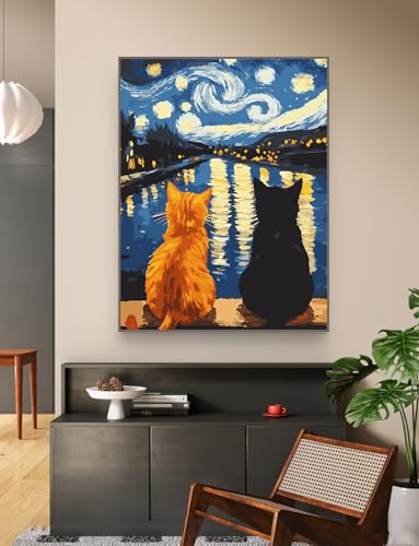 Paint by Numbers Kit for Adults Beginner Animal,Starry Night Cat,16x20" - color: 16"X20"Rolled Canvas(Frameless)-Cat 5