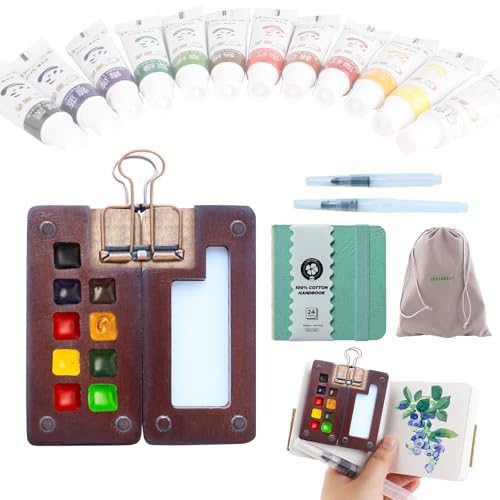 Mini watercolor travel set Mini Watercolor Paint Set Travel Watercolor Sets Mini Paint Pad Pocket Artist Watercolour Travel Sets Pocket Watercolour Kit Portable Paint Palette(9 Grids，Mint blue)