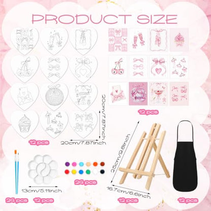 Motipuns 12 Set Pre Drawn Canvas for Painting for Adults Sip and Paint Kit with Easels 8 x 10 Inches Paint Party Kit with Printed Canvas Paints Brushes Palette Bag Apron (Pink Bow) - style: Pink Bow