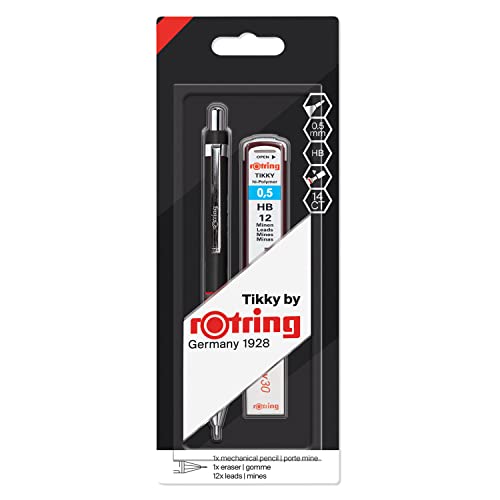 rOtring Tikky Mechanical Pencil Set, HB 0.5 mm, Black Barrel, Includes 12 Leads and Eraser - size: 1 Count (Pack of 1), style: pack of 1 + leads + erasor