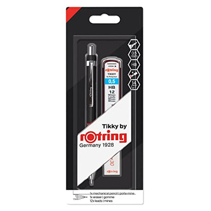 rOtring Tikky Mechanical Pencil Set, HB 0.5 mm, Black Barrel, Includes 12 Leads and Eraser - size: 1 Count (Pack of 1), style: pack of 1 + leads + erasor