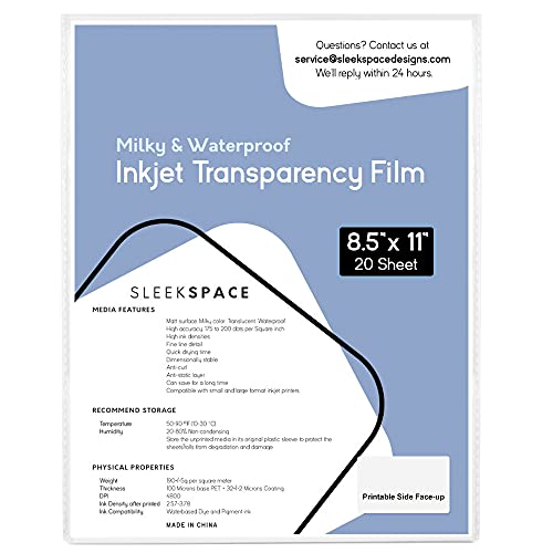 Milky Transparency Film for Inkjet Printers, Screen Printing | 100% Waterproof, Anti-curl, Anti-static | High Ink Density, Quick Dry Ink | For Silk Screen, Offset, T-Shirts | 190 +/-5 psm - size: 8.5*11 inch