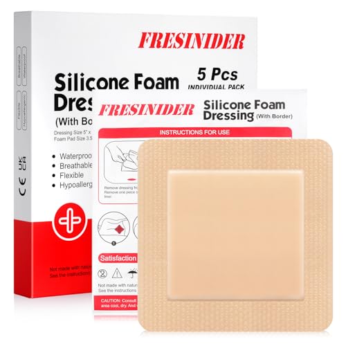 FRESINIDER Silicone Foam Dressing with Adhesive Border – Wound Dressing Bandage – Silicone Foam Pad – Pack of 5 – 5 x 5 Inches Large Waterproof Bandages – Self Adhesive Wound Care and Dressings - size: 5" x 5",5pack