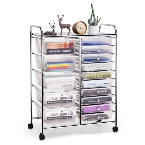 DREAMADE Rolling Cart with 15 Drawers, Clear Plastic Drawer Organizer w/Lockable Wheels, Removable & 2-Sized Storage Drawers, Art Cart for School Home Art Supplies Crafts File Scrapbook (Transparent) - color: Transparent, size: 25"L x 14.5"W x 34.5"H
