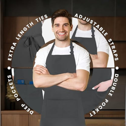 Adjustable Bib Apron 100% Polyester Kitchen Aprons Waterdrop Resistant Aprons with Adjustable Strap, Pockets & Long Ties - color: Grey, style: Pack of 2