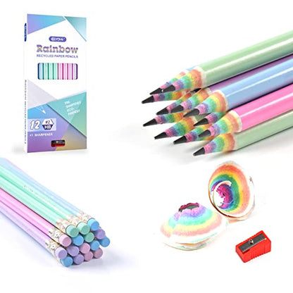 ECOTREE Pre-Sharpened Rainbow Pencils #2, Back to School Supplies, 12 Count | Cute Number 2 Pencils for Kids Students, Latex-Free Eraser, Eco Recycled Paper, Smooth Writing, Drawing, Fun Classroom Gifts