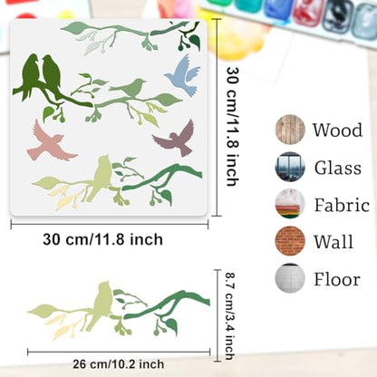 Birds On Branch Wall Stencil Template 11.8 x 11.8 Inch Reusable Plastic Stencil for Painting on Wood Wall Floor Tile Fabric Glass DIY Home Decor | 11.8" x 11.8" Plastic Craft Stencil, Branch Bird Wall Stencil, DIY Home Decor Template for Wood Wall Floor T