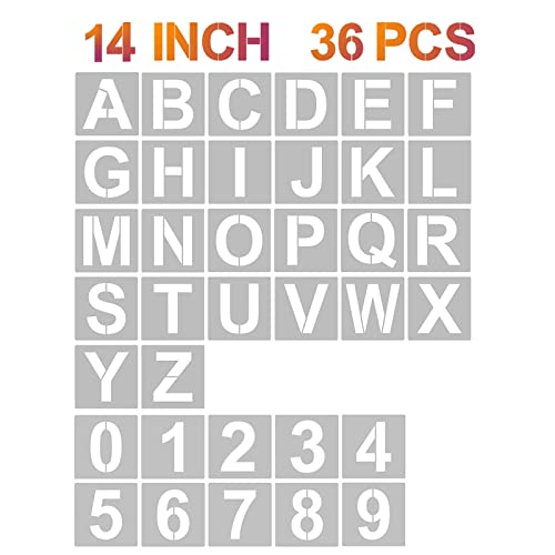 YEAJON 14 Inch Letter Stencils and Numbers, 36 Pcs Alphabet Art Craft Stencils, Reusable Plastic Templates for Wood, Wall, Fabric, Rock, Signage, DIY Art Projects - size: 14 Inch