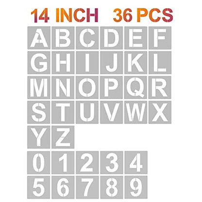 YEAJON 14 Inch Letter Stencils and Numbers, 36 Pcs Alphabet Art Craft Stencils, Reusable Plastic Templates for Wood, Wall, Fabric, Rock, Signage, DIY Art Projects - size: 14 Inch