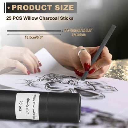 MECCANIXITY Willow Charcoal Sticks, 4-5mm Willow Charcoal Pencils Soft Sketch Vine Art Supplies Set for Drawing Sketching Shading Painting Artists Beginners (Black, Pack of 25) - size: 4-5mm