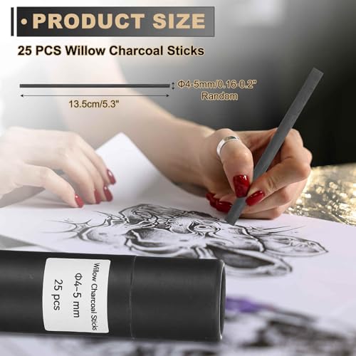 MECCANIXITY Willow Charcoal Sticks, 4-5mm Willow Charcoal Pencils Soft Sketch Vine Art Supplies Set for Drawing Sketching Shading Painting Artists Beginners (Black, Pack of 25) - size: 4-5mm
