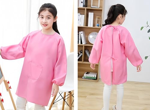 Lauthen.S 2 Pack Kids Art Smocks, Long Sleeve Artist Painting Aprons - color: Hot Pink + Pink, size: L(8-12 Years)