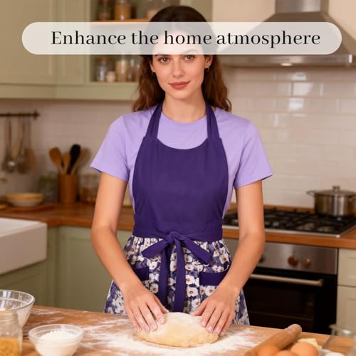 Cute Floral Apron for Women with Pockets, Cotton, Adjustable Straps - color: Purple