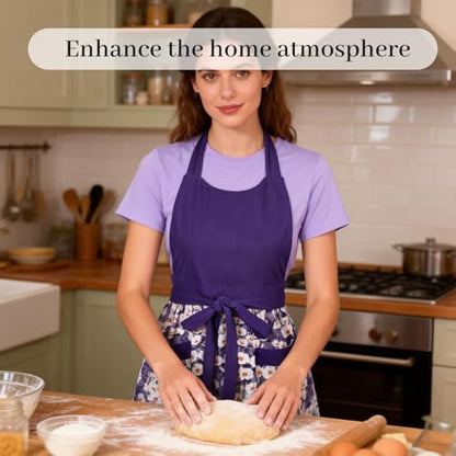 Cute Floral Apron for Women with Pockets, Cotton, Adjustable Straps - color: Purple