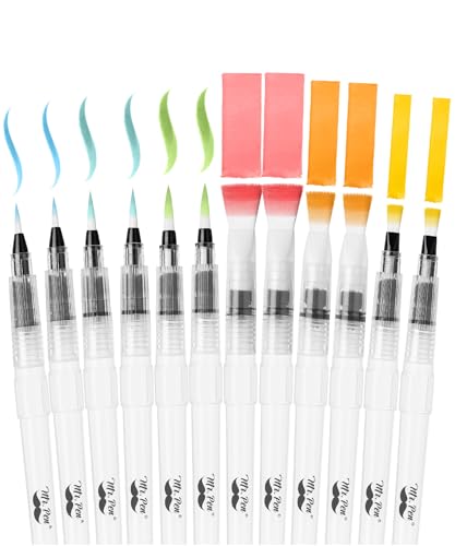 Mr. Pen- Watercolor Brush Pens, 12 pcs | 6 x Point Tips and 6 x Flat Tips Styles, Refillable Watercolor Pens for Acrylic, Gouache Painting, Crayons