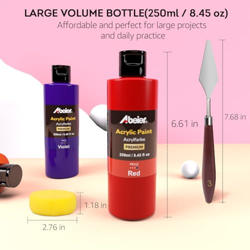 ABEIER Bulk Acrylic Paint Set, 20 Colors x 8.45 oz, Non-Toxic | Rich pigments, Matte finish,Thick consistency, smooth blending, waterproof when dry, palette knife and sponge included - color: 20 Colors
