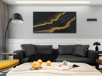 zoinart 100% Hand-Painted 3D Black and Gold Textured Wall Art, Abstract Modern Waves Oil Paintings on Canvas Wall Decor - color: BL-073