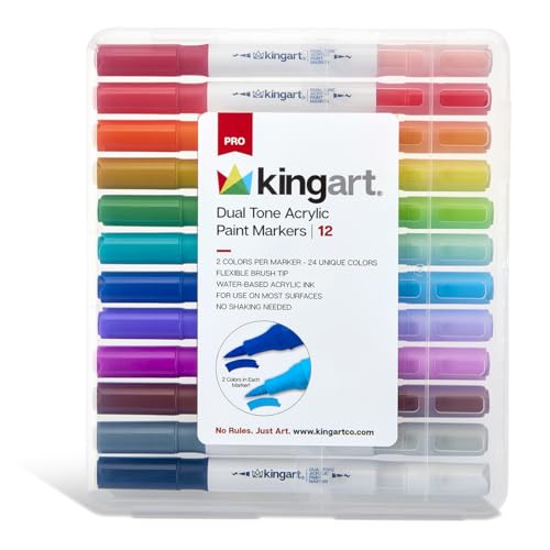 KINGART Dual Tone Acrylic Paint Markers, 12 Pens - Fine Tip, Water-Based Ink, Markers - Ideal for Calligraphy, Illustrations, Journaling