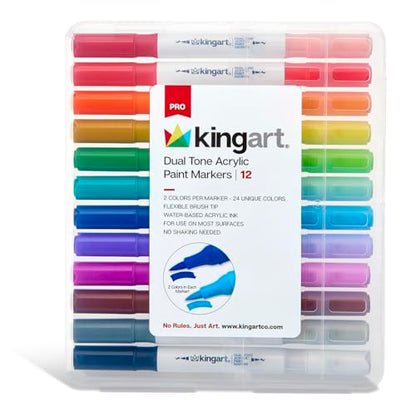 KINGART Dual Tone Acrylic Paint Markers, 12 Pens - Fine Tip, Water-Based Ink, Markers - Ideal for Calligraphy, Illustrations, Journaling