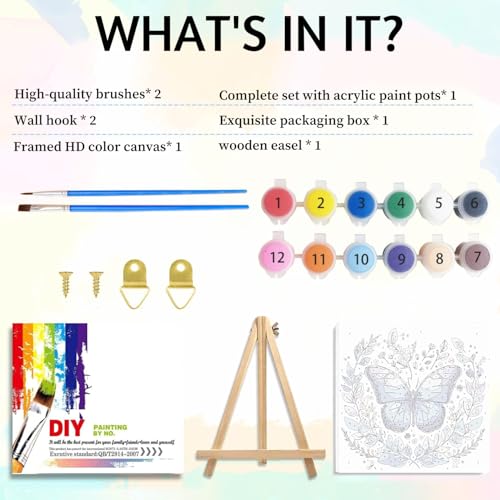 Butterfly Paint by Numbers Kit for Kids with Frame Wooden Easel 8x8 inch - color: style-3