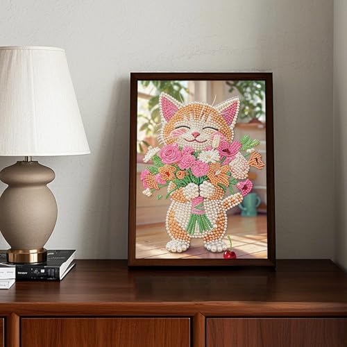 Stalente Pearl Diamond Painting Kits for Adults Cat and Flower, 5D Special Shape Diamond Art Kits for Beginners, Crystal Rhinestones Diamond Painting for Home Wall Decoration Gift 12×16inch, Animal