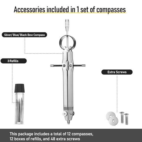 Zonon 12 Pcs Compass for Geometry Drawing Metal Compass with Extra Refills and Screws Circle Maker Back to School Circle Drawing Tool for Math Drafting Measuring Woodworking Office, 3 Colors