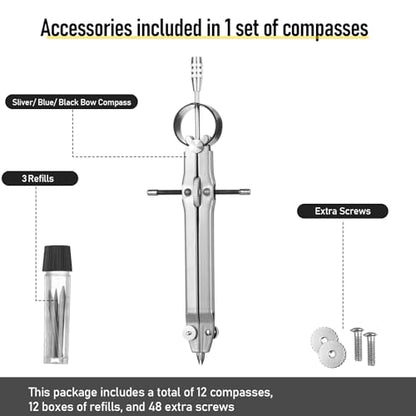 Zonon 12 Pcs Compass for Geometry Drawing Metal Compass with Extra Refills and Screws Circle Maker Back to School Circle Drawing Tool for Math Drafting Measuring Woodworking Office, 3 Colors