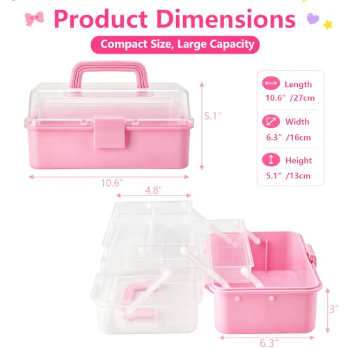 Flytreal 3-Layer Plastic Storage Box with Handle, Small Pink Tool Box Craft Organizer and Storage, Portable Multipurpose Organizer Box for Art Supplies, Makeup, Medicine, Sewing, Stationary, Pencils - color: pink