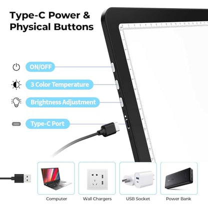 Heanolier A3 Artist tracing Light Box Copy Table,(18.2" L x 13.4" W) Super Bright Magnetic Light Pad with Side Buttons,USB-C Power Dimmerable Light Board for Diamond Painting,Tattoo Drawing,Sketching - color: Black, size: A3 without Bag
