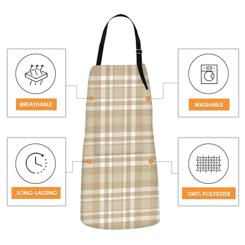 Apron with Pockets, 32x28 inch, 2 Pack, Khaki Champagne | Checkered Tartan Plaid Adjustable Bib with Pockets for Women Men Couple Lovers Chef Home Baking Gardening - color: Khaki Brown