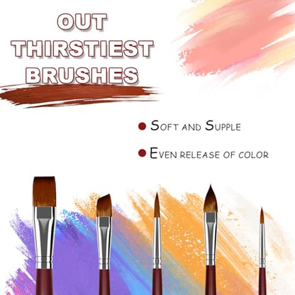 5pcs Watercolor Brush Set - Watercolor Brushes Professional Soft Synthetic Sable Hair – Artist Water Paint Brush Set- Wash 12, Oval Wash 6, Angular Shader 8, Round 4 & Round 8