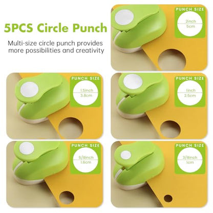 Circle Paper Punch Set, 3/8 inch, 5/8 inch, 1 inch, 1.5 inch, 2 inch, 5 Different Size Circle Punches for Crafting Designs, Office Supplies, Card Making, DIY Albums, Photos - color: Green