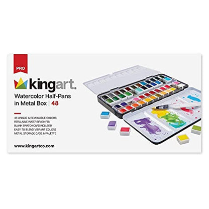 KINGART PRO Artist, Tin Box with Water Brush Watercolor Half-Pans, 48 Vibrant Colors Piece