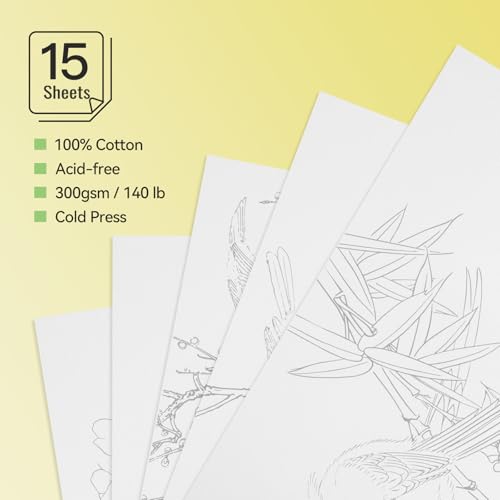 Lightwish Watercolor Coloring Book for Adults & Beginners,100% Cotton 300gsm/140lb Acid-Free Cold Press Paper, 8.3 x 5.6 Inches,15 Sheets,Bird-Themed - color: Bird-Themed