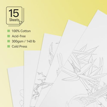 Lightwish Watercolor Coloring Book for Adults & Beginners,100% Cotton 300gsm/140lb Acid-Free Cold Press Paper, 8.3 x 5.6 Inches,15 Sheets,Bird-Themed - color: Bird-Themed