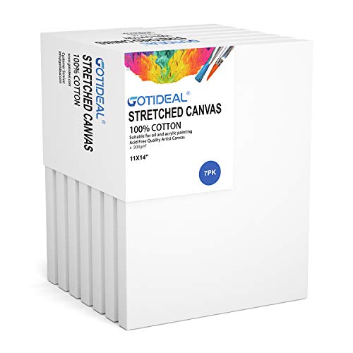 Stretched Canvas, 11x14 Inch Set of 7, Primed White | 100% Cotton Artist Canvas Boards for Painting, Acrylic Pouring, Oil Paint Dry & Wet Art Media - color: White, size: 11"x14"