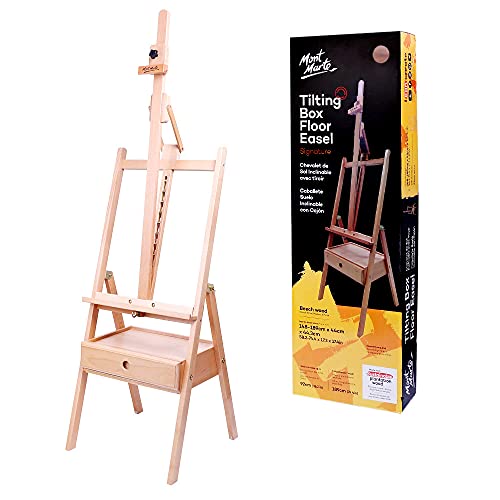 Mont Marte Signature Tilting Box Floor Easel Beech Wood, Holds Canvases up to 92cm (36.2in) in Height, Angle Adjustment, Sturdy Base, Built-in Drawers for Art Supplies, Artist Painting Easel. - color: Light Brown