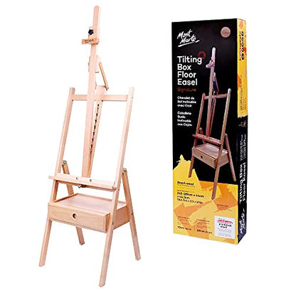 Mont Marte Signature Tilting Box Floor Easel Beech Wood, Holds Canvases up to 92cm (36.2in) in Height, Angle Adjustment, Sturdy Base, Built-in Drawers for Art Supplies, Artist Painting Easel. - color: Light Brown