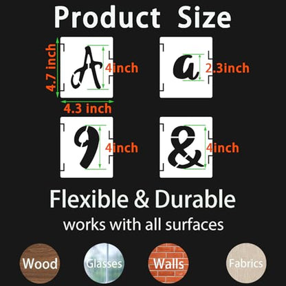 BAMIDELE 4 Inch Letter Stencils and Numbers, 66 Pcs Reusable Plastic Alphabet Symbol Interlocking Drawing Template Kit for Painting on Wood, Wall, Chalkboard, Fabric, Door Porch, Signage - size: 4 Inch