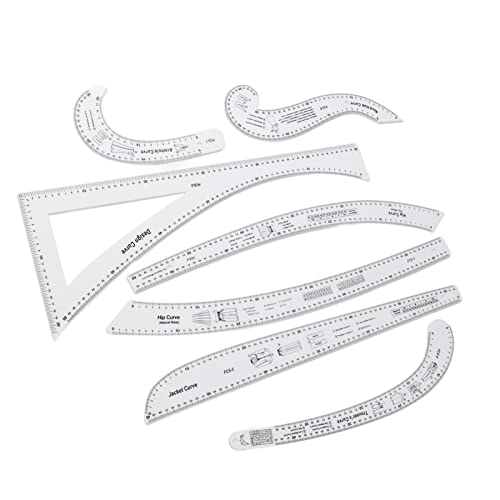 7Pcs Fashion Clear Metric Sewing Ruler Set, French Curve Pattern Ruler Kit for Beginners, Tailors, and Designers, Fashion Design Dress Makers Ruler, Clear Sewing Tailors Pattern Making Ruler