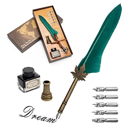AHIER Quill Pen and Ink Set, Feather Pen Quill Pen Set Includes 5 Steel Replacement Nibs,Pen Nib Base and Dip Ink Bottle for Antique Calligraphy - color: Green