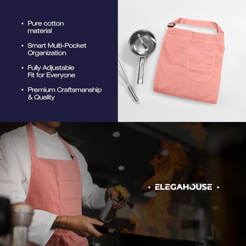 Unisex Apron with Pockets for Cooking, Salon & Art - 100% Cotton Adult Kitchen, Chef, Stylist Apron (Pink) - color: Pink