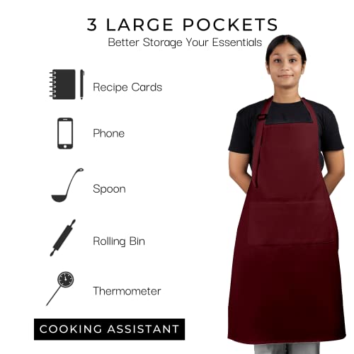 RAJRANG 100% Cotton Cooking Apron with 3 Pockets Kitchen Chef BBQ Adjustable Bib Aprons for Women Men - color: Tawny Port Maroon