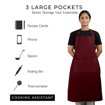 RAJRANG 100% Cotton Cooking Apron with 3 Pockets Kitchen Chef BBQ Adjustable Bib Aprons for Women Men - color: Tawny Port Maroon