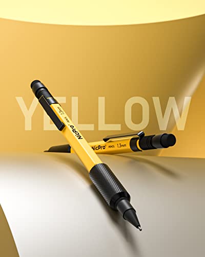 Nicpro 3 PCS 1.3 mm Mechanical Pencil Set with 48 Lead Refills, 3 Eraser | MP2000 Weatherproof Metal Barrel, Heavy Duty Carpenter Pencils for Outdoor Marking Drafting Drawing Woodworking - with Case - style: 3 Pack (Yellow)