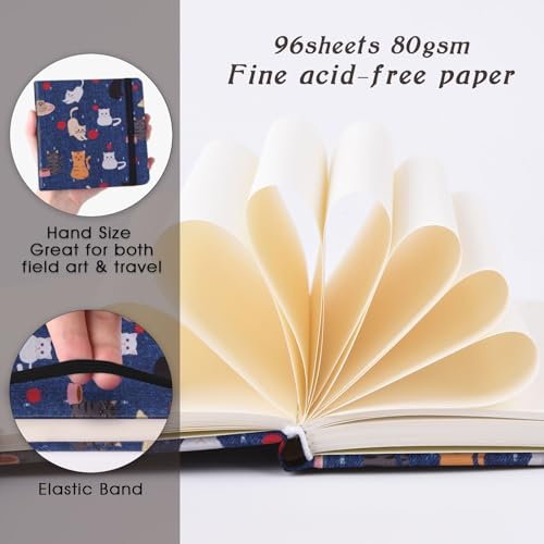 Handy Size 5 x 5 inches Sketch Book, 80GSM Acid Free Artistic Drawing Painting Writing Paper, Hardcover Cloth Cover Art Sketchbook,Journal Notebook.Cowboy Ball Cat - color: 80gsm-cowboy ball cat
